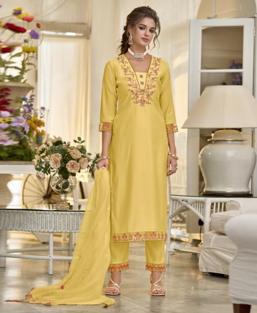 MOJILAA Women's Yellow Viscose Silk Embroidered Kurta With Pant & Dupatta