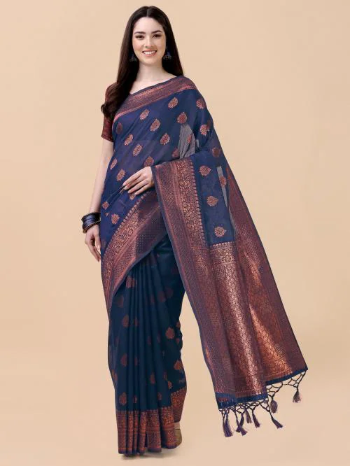 Rekha Maniyar Linen silk Navy Blue Color Woven Design Saree for Women