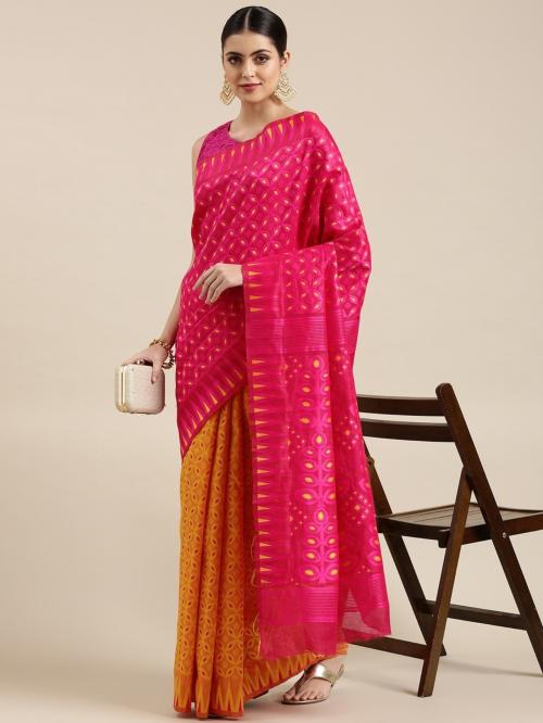PANZORA Women Pink and Yellow Printed Cotton Silk Jamdani Saree with Unstitched Blouse Piece