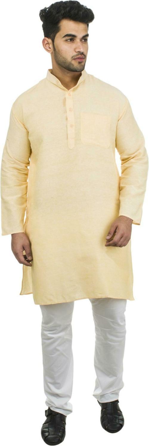 DESHBANDHU KHADI Men Sand Solid Cotton Blend Kurta (L)