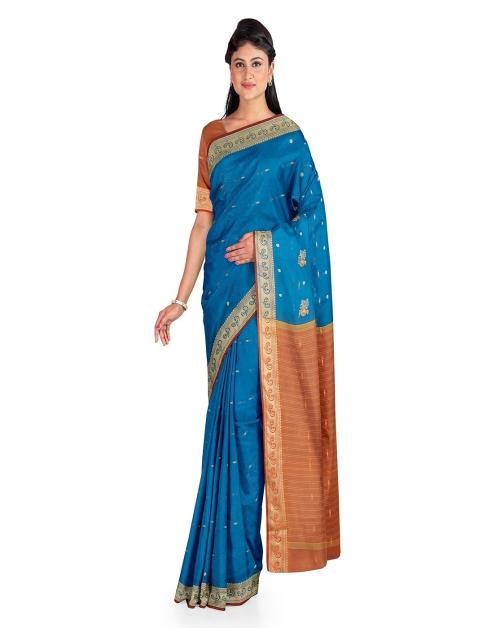 Naeusa Jacquard Banarasi Satin Heavy Skirt Border Silk Saree Parrot Green Colour with Blouse for Womens