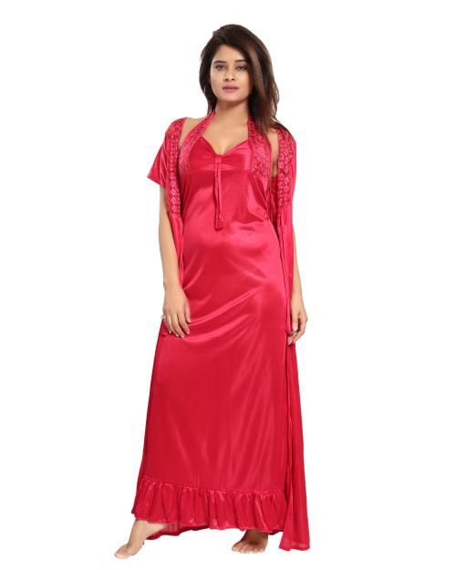 REPOSEY Women's Satin Solid Maxi Length Nighty with Robe (2PC289A320_Red_Free Size) (Pack of 2)
