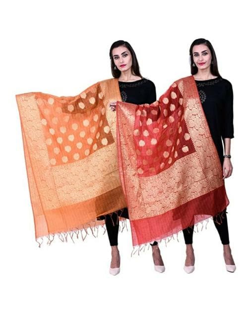 Buy Aroopa Womens Orange and Red Cotton Silk Banarasi Dupatta with ...