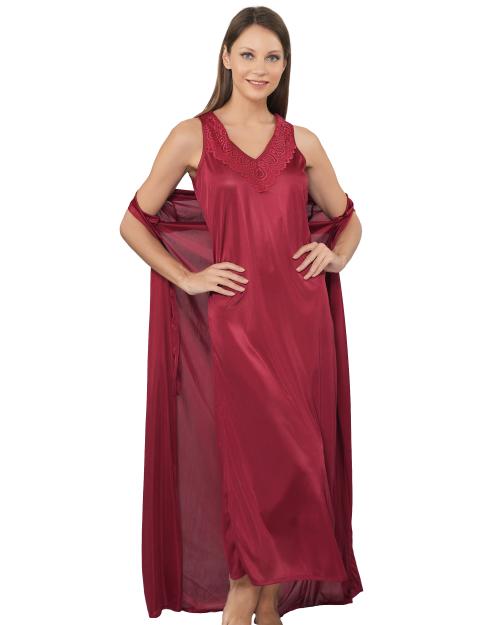 Legit Affair Maroon Solid Feminine Nighty Maxi Length dress with robe For Women