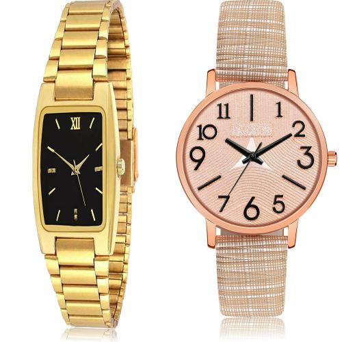 NEUTRON Treading Party Wedding Golden Couple Chain And Embossed Designer Dial Gold And Brown Colour Analog Metal And Genuine Leather Belt 2 Watch Combo For Women And Girls - GCPL34-GM349