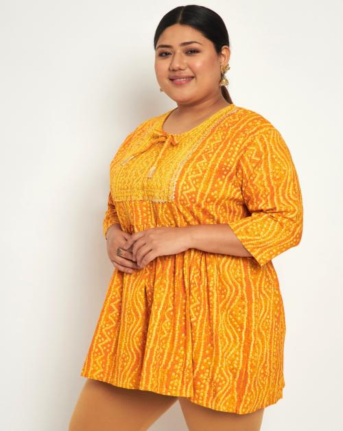 Buynewtrend curvy Women Plus Size Yellow Bandhani Printed Gotta Patti Flared Short Kurti Top
