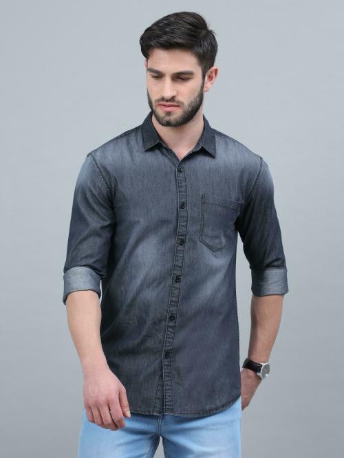 TORTUGA Men Grey Washed Denim Casual Shirts (S)
