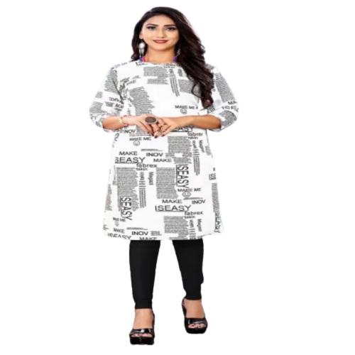 JAY SHREE CREATION WHITE COLOR NEWS PAPER PRINTED CREPE POLYESTER KURTI -XL