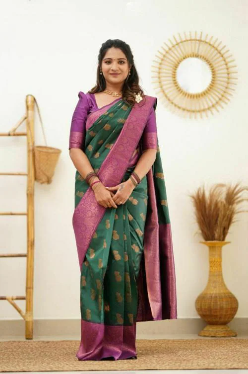CREATION BAZAAR NC149 Beautiful Art Silk Jacquard Border Saree for Women (GREEN)