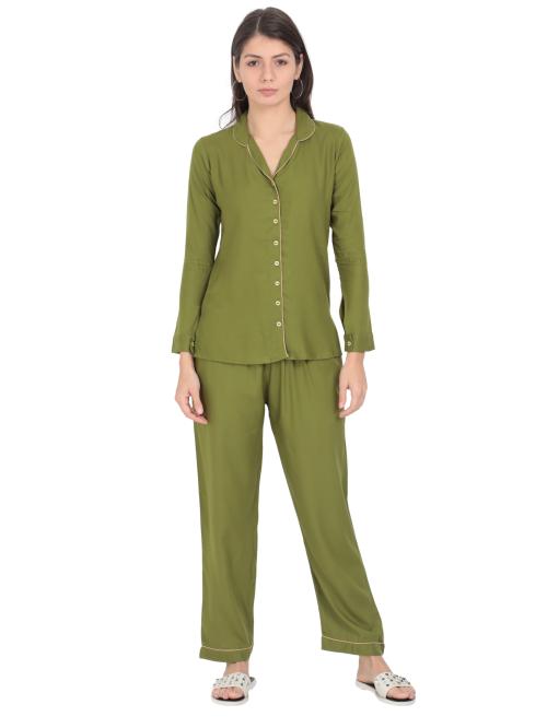 RnP Green Front Open Plain Rayon Night suit