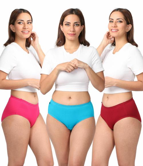 Adira | Women Hipster Cotton Panties | High Waist panty with Full Coverage | Inside Elastic - No Elastic Exposure to Skin | Soft Cotton | Pack Of 3 | Dark Pink, Bright Blue & Maroon | XL