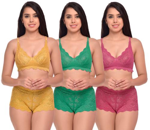 PIBU Trendy Style Yellow,Green,Pink Bra Panty Set For Women Lingerie Set Pack of 3