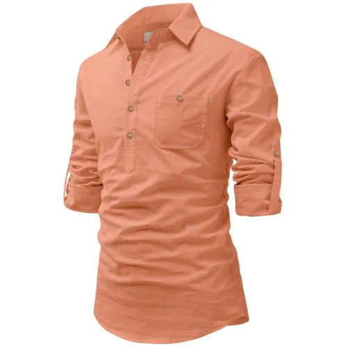 Vida Loca Cotton Orange Color Full Sleeve Casual Spread Collor Slim Fit Short Kurta For Men and Boys