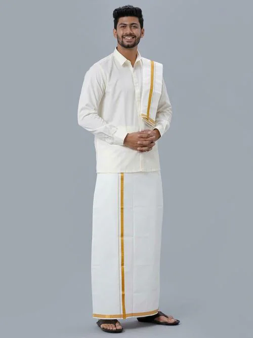 Ramraj Men Pure Cotton Soolid Spread collar Long Sleeves Shirt and Dhoti with Angavastram and Belt Set.
