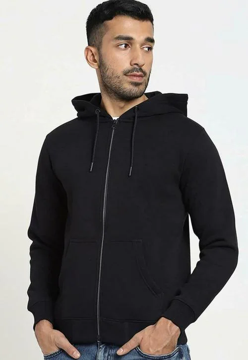 MOSAJC Men Black Solid Cotton Hoodies