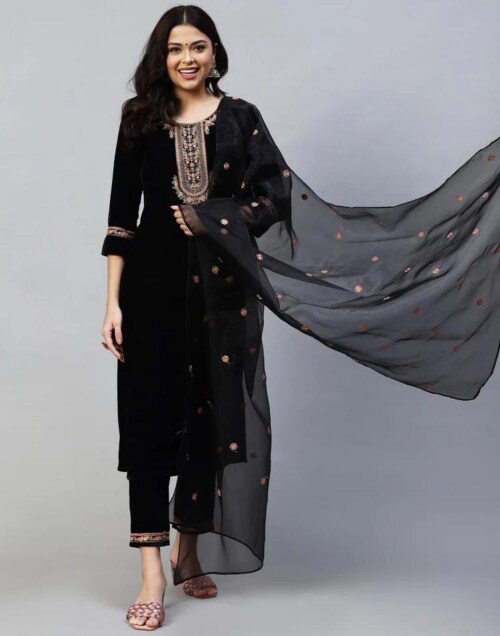 Mevika Black Kurti With Pant And Dupatta