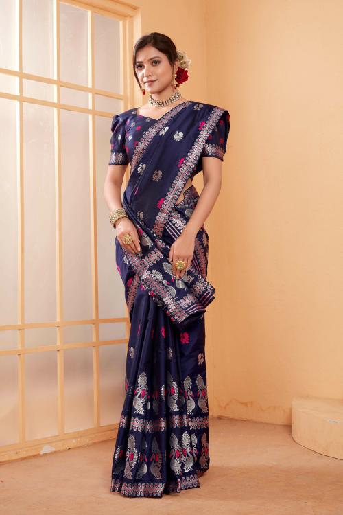 61&7 NX Self Design Mekhela Chador Silk Blend Saree (Dark Blue)