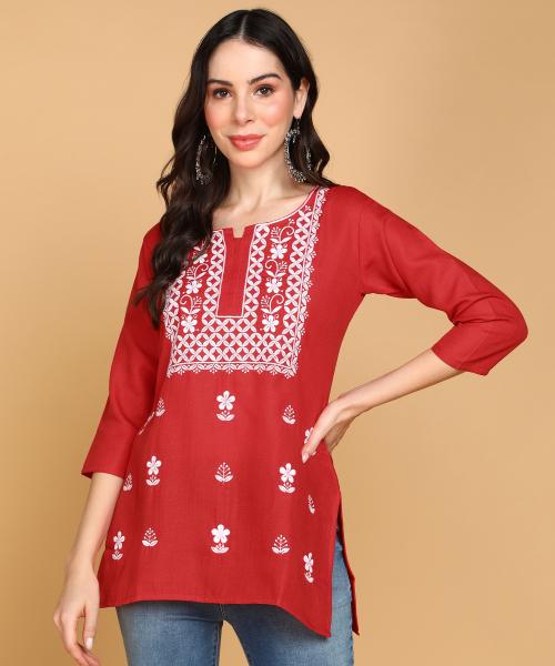 TOP N THREAD Women Cotton Chikankari Embroidery Kurti Red