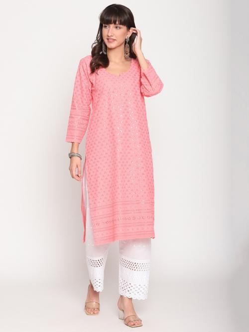 Queenley Women Peach Cotton Straight Knee Length Chikankari Kurti