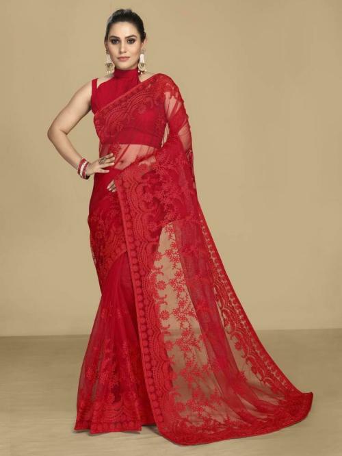 vairagee Women Red Self Design Net Saree