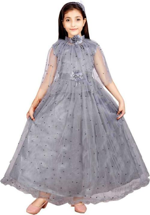 TASDIK GARMENTS Girls Grey Net Gown Dress (9-10Y)