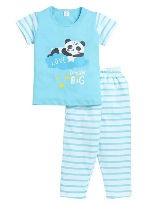 Todd N Teen Girls Blue Graphic Print Night Suit of 1 Cotton Tshirt 1 Pyjama