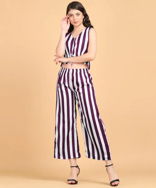 Popwings Women Casual Purple & White Stripe Printed Crop Top & Trouser Co-Ords Set | Top and Bottom Set | Printed Top and Trousers Set | Latest Trendy Top Bottom Set
