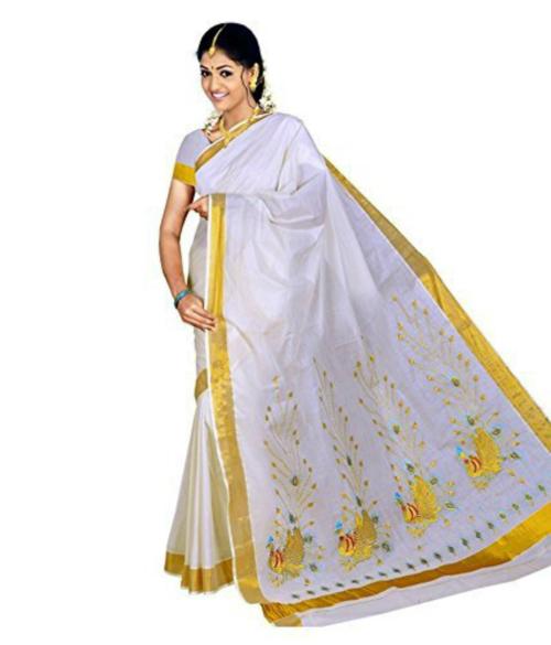 Fashionkiosks Women Pure Cotton Four Jari Peacock Design Pallu And Border Kerala Kasavu Saree With Blouse Piece