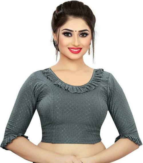 PU Fashion Women Grey Solid Cotton Lycra Blend Blouse