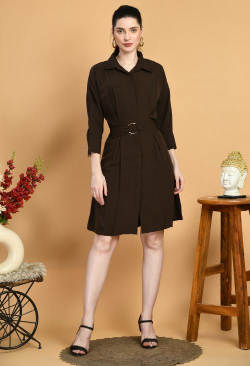 Elanmate Women Polyster Coffe Brown Color Solid Shirt Coller Dress | Women Dress | Dresses for Women