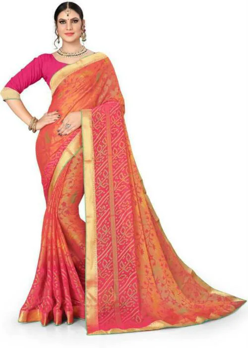 AARADHYA FASHION Women Orange Printed Brasso Bandhani Saree