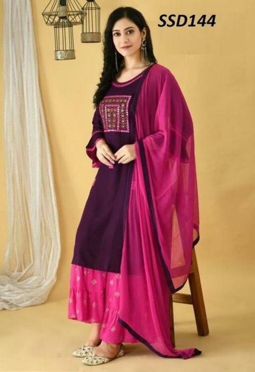 RACK FASHION Women Kurta Rayon Embroidery Anarkali Kurta With Pant And Dupatta Set Purple