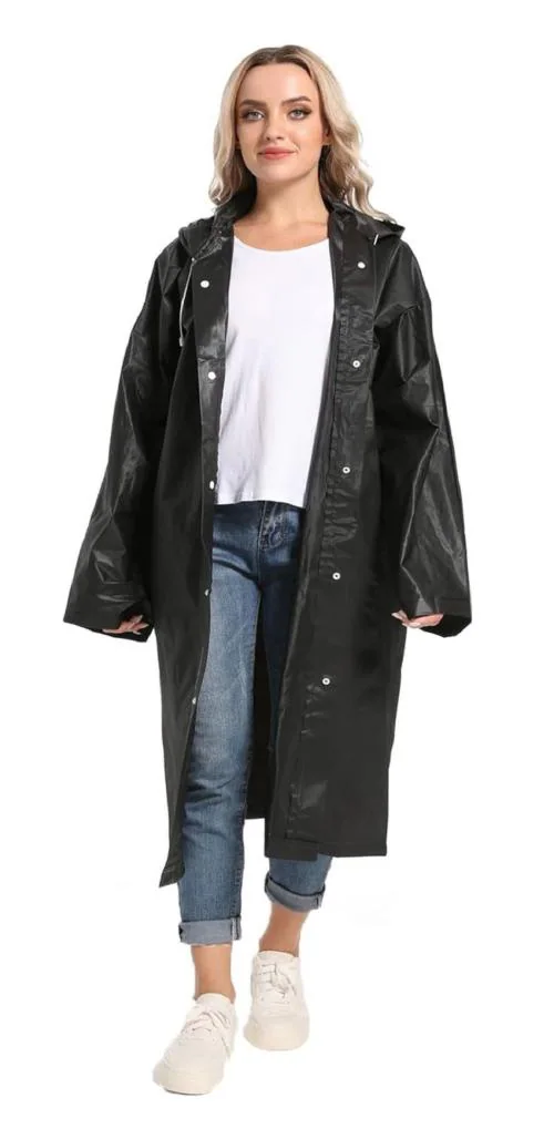 INFISPACE Women's Polyester Long RainCoat Pocho with Adjustable Cap and BLACK Color Raincoat