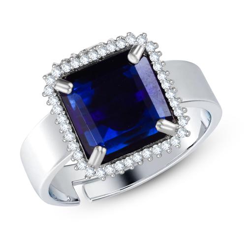 SK Adjustable Ladies Ring Exclusive Collection Square Sapphire Blue Coloured American Diamond Rhodium Silver Plated Free Size Fashion Jewellery Rings For Women, Girls, Girlfriend & Wife-SKFR1485R