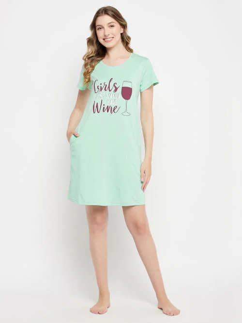 Clovia Quirky Quotes Short Night Dress in Mint Green - 100% Cotton