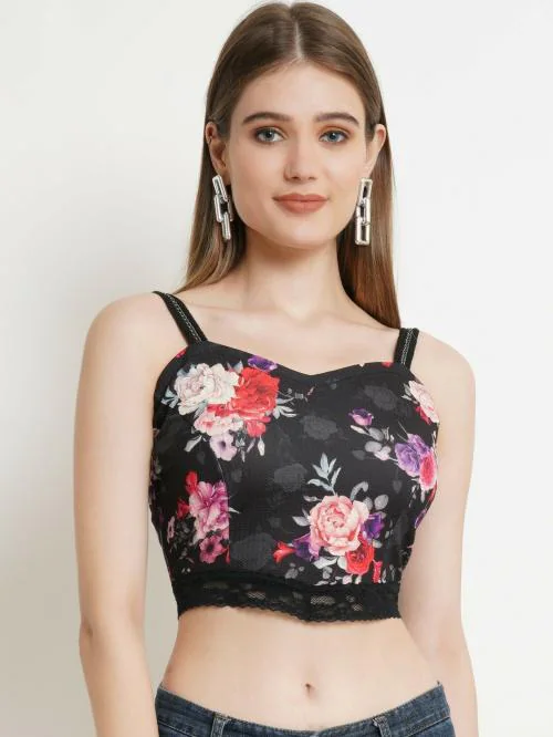 Popwings Women Casual Black Floral Chain Strap Crop Top | Tops for Women | Tops For Women Stylish | Tops Latest Design For Women