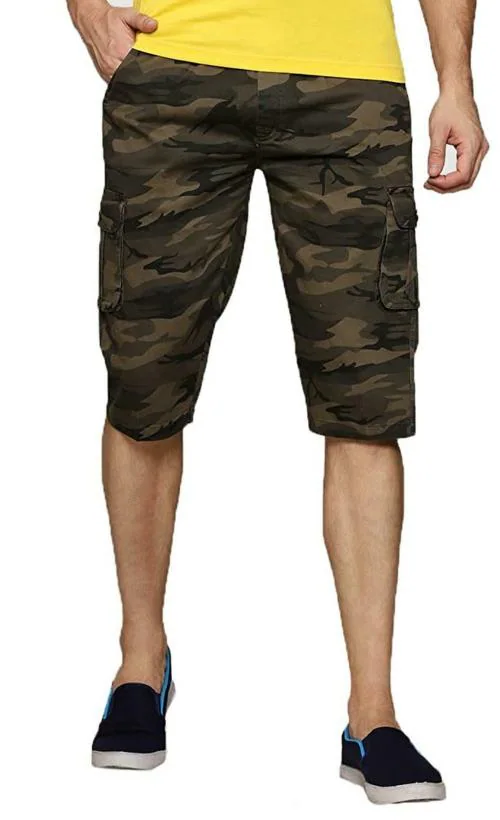 ADBUCKS Men Brown Army Print Cotton Cargo Three Fourth Pant