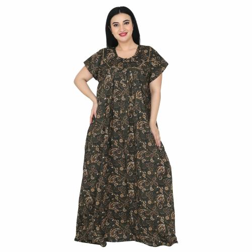 OSF Women's Printed Cotton Floral Maxi Round Neck Full Length Nightwear Night Gown Nighty ( Pack of 1, Green, Size: 2XL, NW0375_2XL_G)