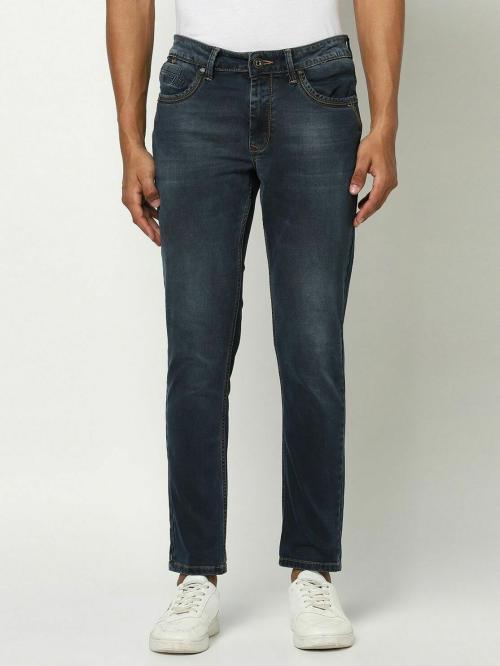 Blue Buddha Men's Dark Blue Pure Cotton Ankle Fit Solid Jeans