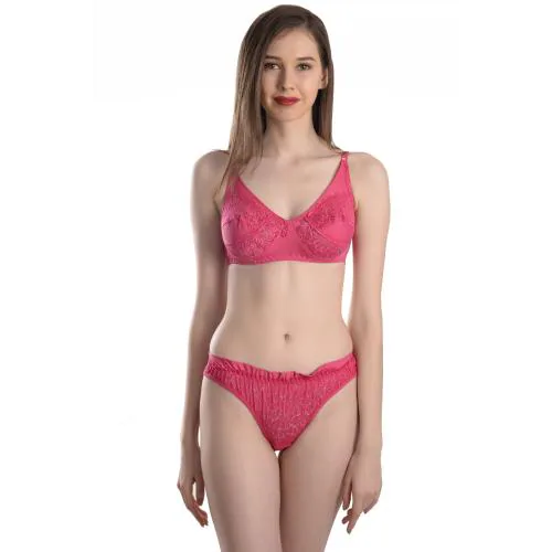 RACOS Women's Spandex Elastane Lycra Net Design | Bridal Bra Panty Set | Non Padded Wire Free Pink Color Lingerie Set Pack of 1