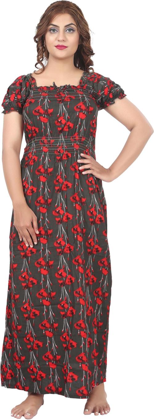 Loody'S Women Grey, Red Pure Cotton Night Dress (Free Size) Pure