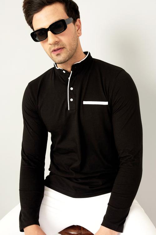 Gespo Black & White Solid Mandarin Collar Full Sleeve T-Shirt