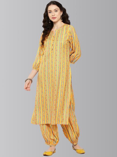 Janasya Women's Yellow Moss Digital Ethnic Printed Kurta with Balloon Pant