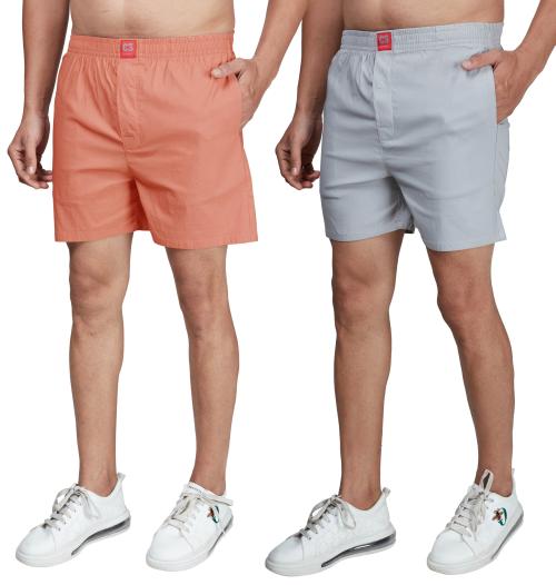 Pack of 2, Smoke Grey & Peach Coloured 4 Way Lycra Boxer Shorts For Men - L