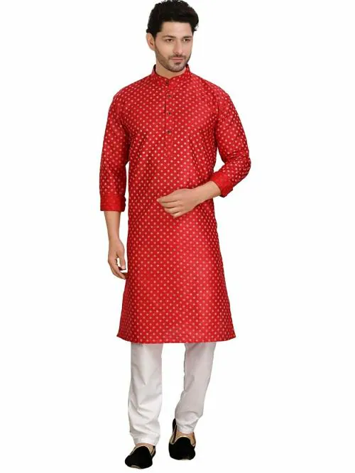 Encino Mens Red Printed Silk Jashn Collection Kurta