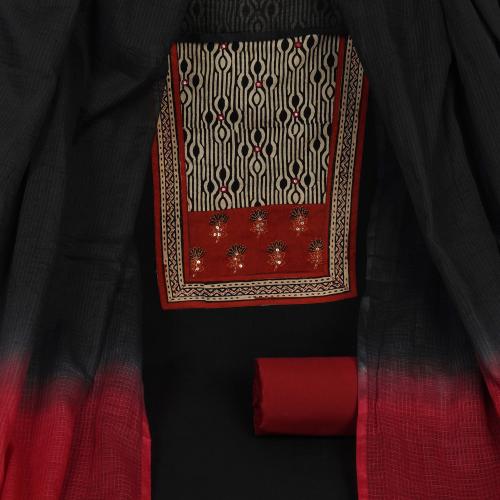 KAMI KUBI Black Unstitched suit set with ikat dupatta and mix-match yoke with handwork and applique details.