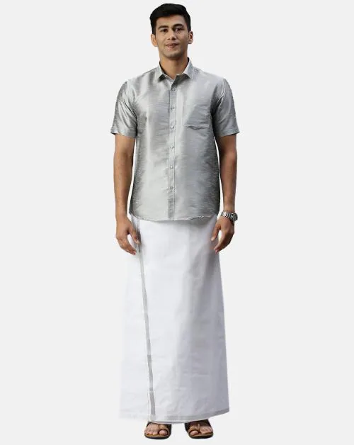 RAMRAJ COTTON Men Silver Solid Polyster Ethnic Shirt & Dhoti Set