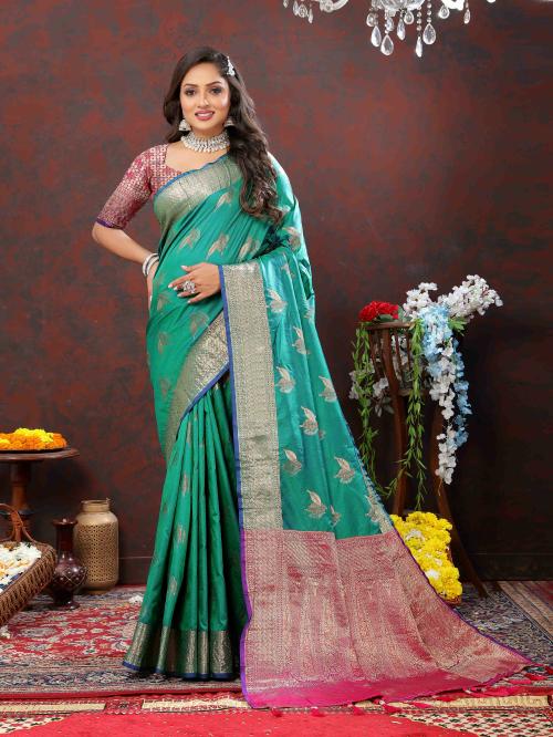 PHEASANT Women's Soft silk saree with zari weaving design and Rich Zari weaving Pallu with zari weaving border & Tessels attach at Pallu end RAMA Color Saree With Blouse Piece