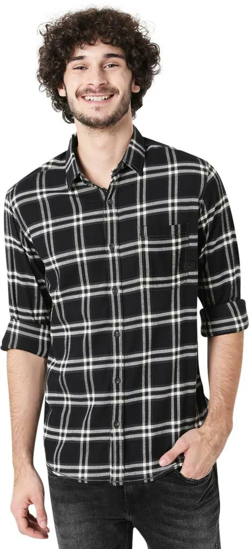 Mufti Black & Off White Windowpane Check Slim Fit Casual Shirt