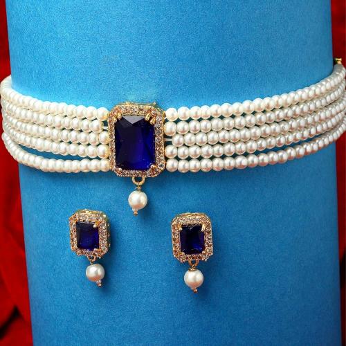 ZENEME White & Blue Gold-Plated American Diamond Studded Choker Jewellery Set for Women